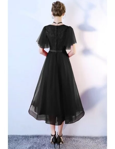 Retro Black Tulle Tea Length Party Dress Puffy Sleeves
