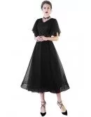 Retro Black Tulle Tea Length Party Dress Puffy Sleeves