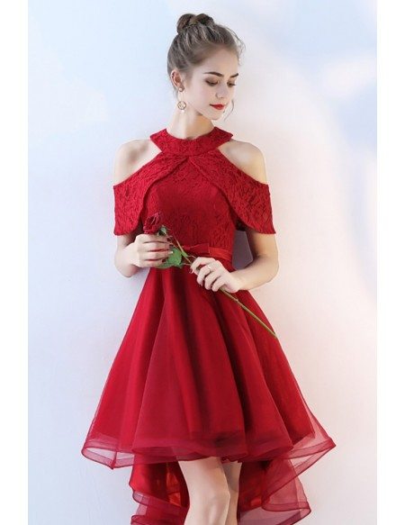 Burgundy Cold Shoulder Short Tulle Party Dress Lace #BLS86054 ...