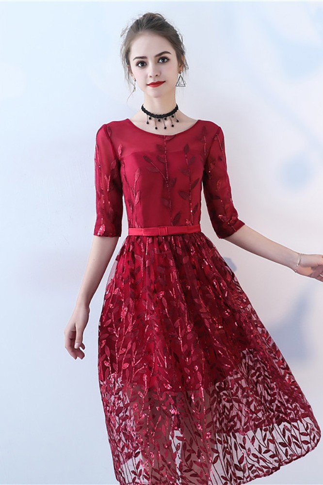 Burgundy Sequined Leaf Pattern Party Dress with Sleeves #BLS86123 ...