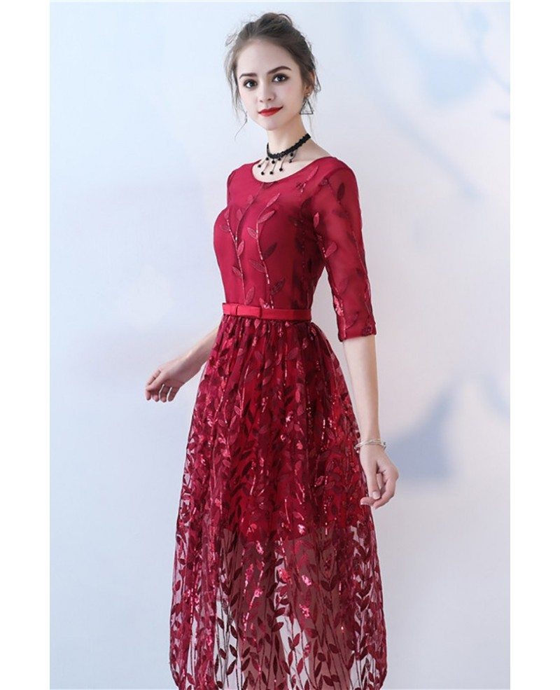 Burgundy Sequined Leaf Pattern Party Dress with Sleeves #BLS86123 ...