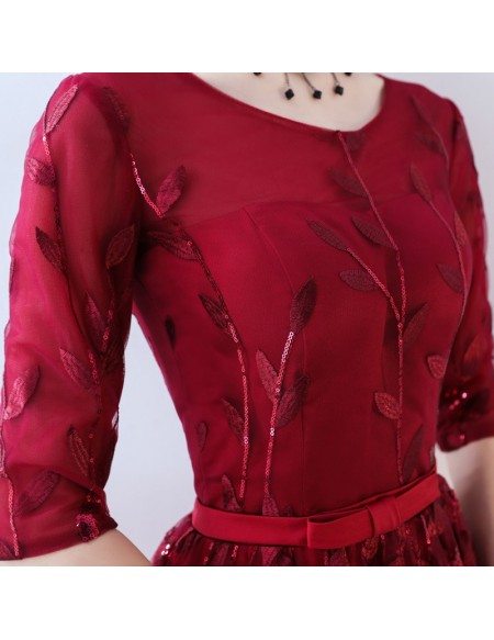 Burgundy Sequined Leaf Pattern Party Dress with Sleeves