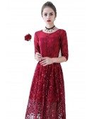 Burgundy Sequined Leaf Pattern Party Dress with Sleeves