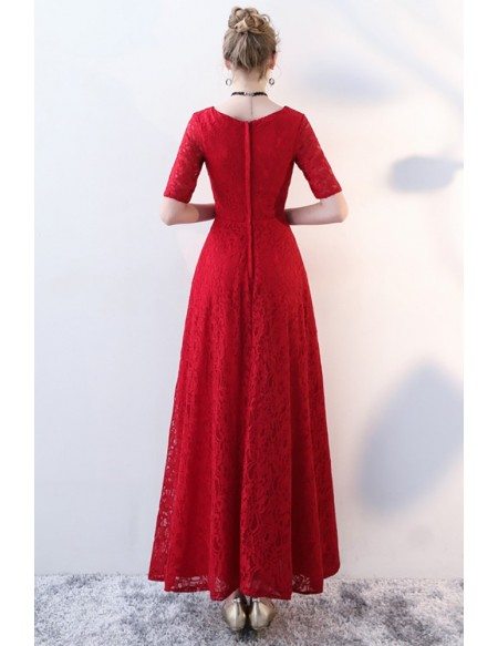 Burgundy Long Red Lace Formal Party Dress with Sleeves