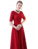 Burgundy Long Red Lace Formal Party Dress with Sleeves