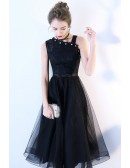 Black Lace Tulle Party Dress Tea Length with Irregular Shoulder