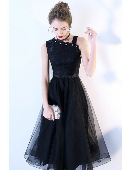 Black Lace Tulle Party Dress Tea Length with Irregular Shoulder