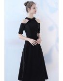 Elegant Tea Length Black Party Dress with Cold Shoulder Sleeves