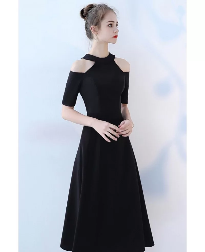 Elegant Tea Length Black Party Dress with Cold Shoulder Sleeves # ...