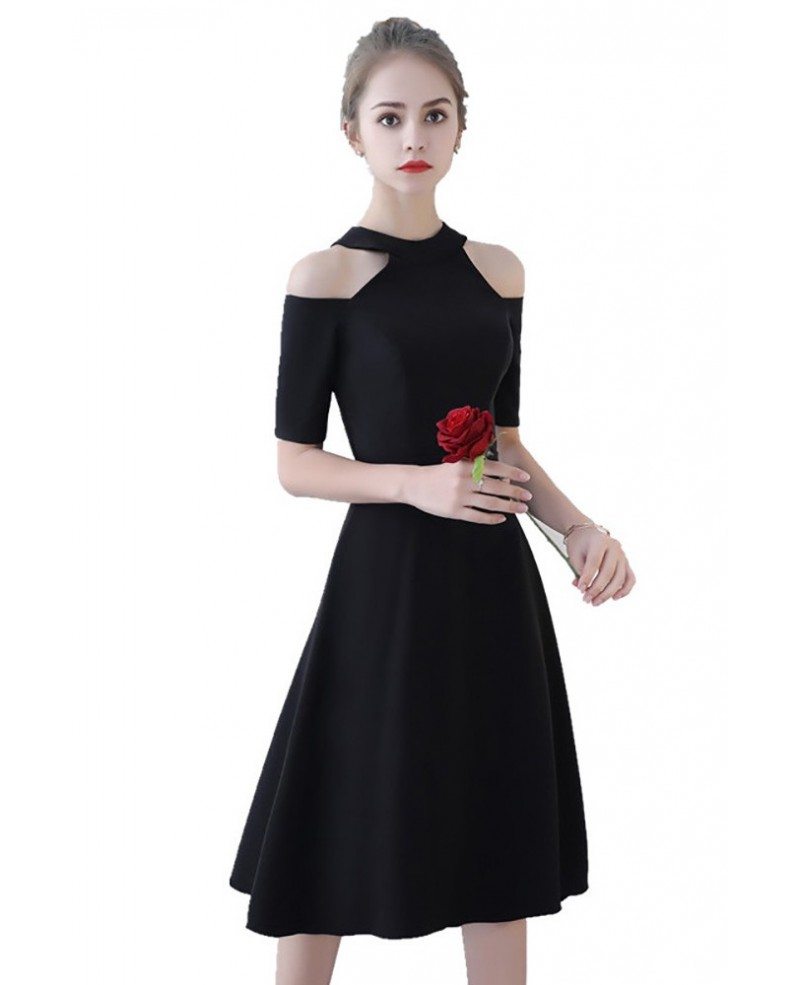 Elegant Tea Length Black Party Dress with Cold Shoulder Sleeves # ...