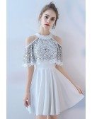 White with Black Short Halter Homecoming Party Dress Aline