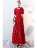 Burgundy V-neck Long Formal Party Dress with Feathers
