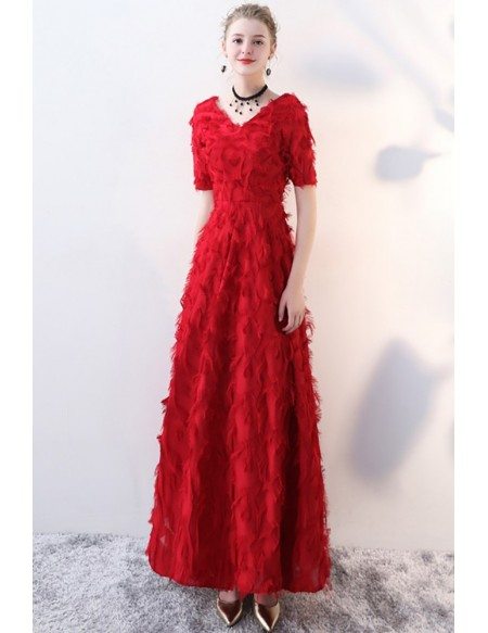 Burgundy V-neck Long Formal Party Dress with Feathers