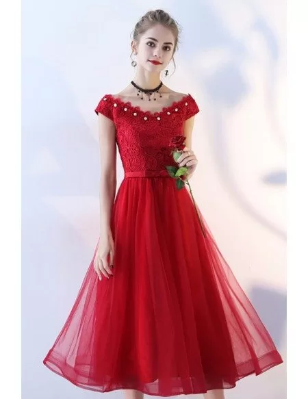 Beaded Vneck Cap Sleeve Red Tulle Party Dress Tea Length