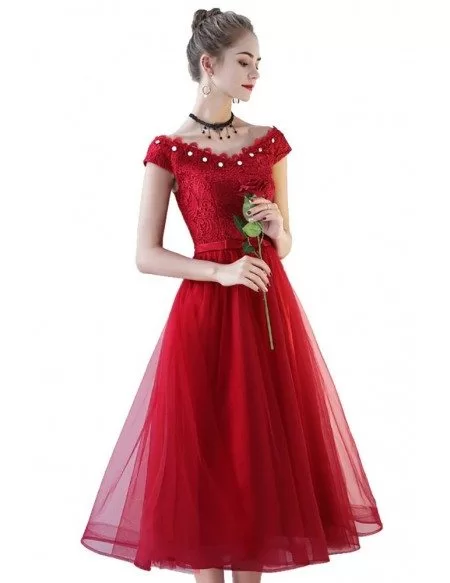 Beaded Vneck Cap Sleeve Red Tulle Party Dress Tea Length #BLS86050 ...