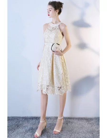 Elegant Champagne Lace Short Halter Wedding Party Dress #BLS86096 ...