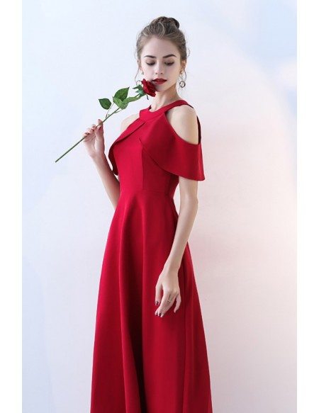 Simple Long Red Halter Wedding Party Dress Empire Waist