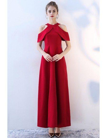 Simple Long Red Halter Wedding Party Dress Empire Waist