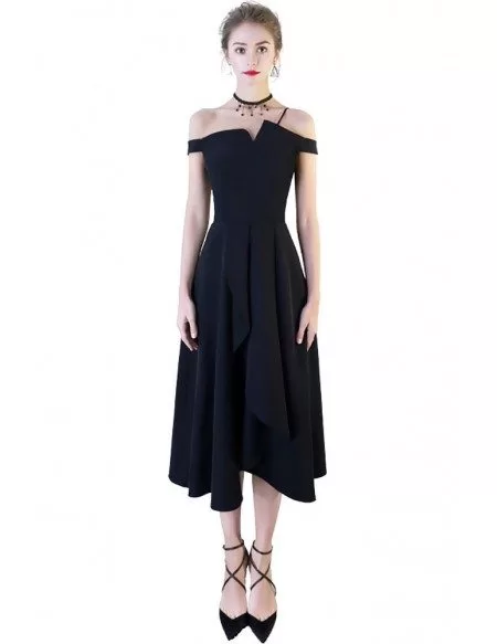 Fashion Black Tea Length Formal Dress Off Shoulder