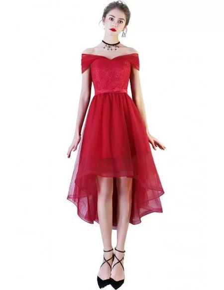 Red High Low Tulle Homecoming Party Dress Off Shoulder