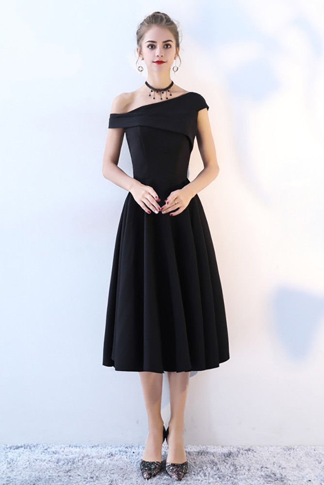 Simple Black One Shoulder Midi Party Dress #BLS86051 - GemGrace.com