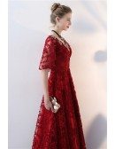 Burgundy Long Red Lace Formal Dress with Embroidery Neckline