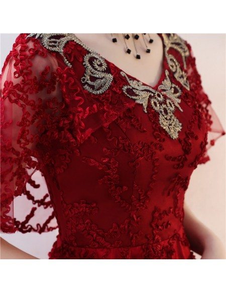 Burgundy Long Red Lace Formal Dress with Embroidery Neckline
