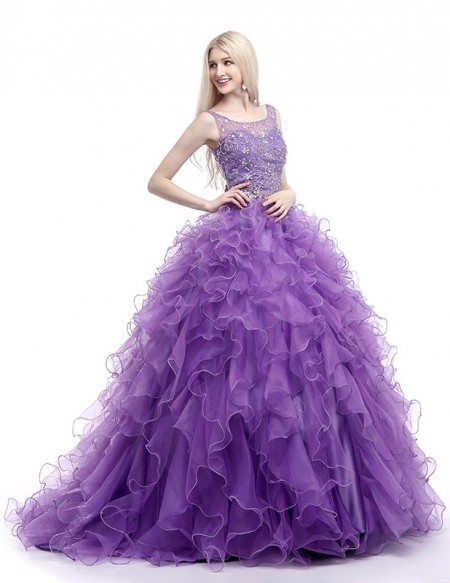 Ball-Gown Scoop Neck Sweep Train Tulle Prom Dress With Cascading Ruffles Beading