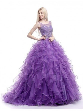 Ball-Gown Scoop Neck Sweep Train Tulle Prom Dress With Cascading Ruffles Beading