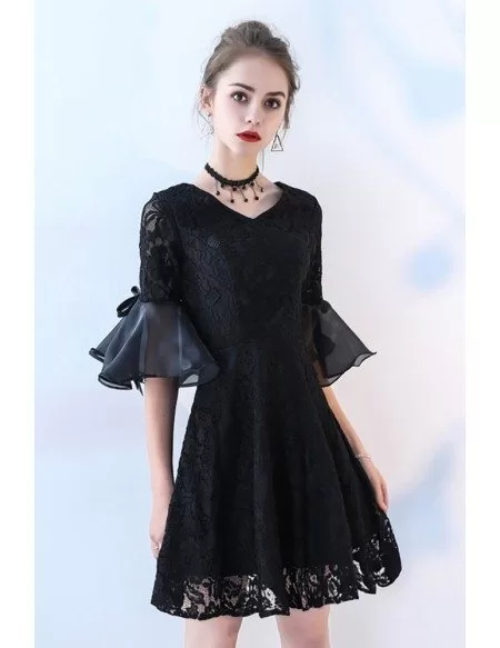 Short Black Lace Homecoming Dress with Bell Sleeve