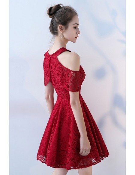 Burgundy Short Halter Lace Flare Homecoming Party Dress