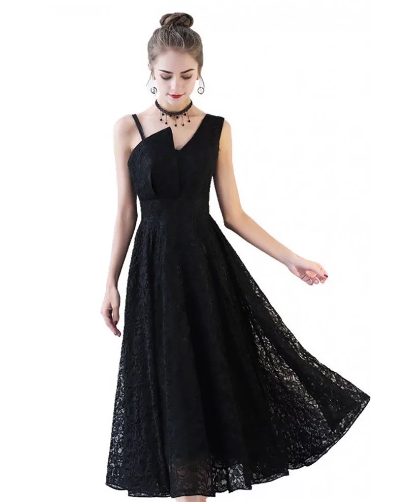 Black Full Lace Tea Length Formal Dress Sleeveless BLS86028