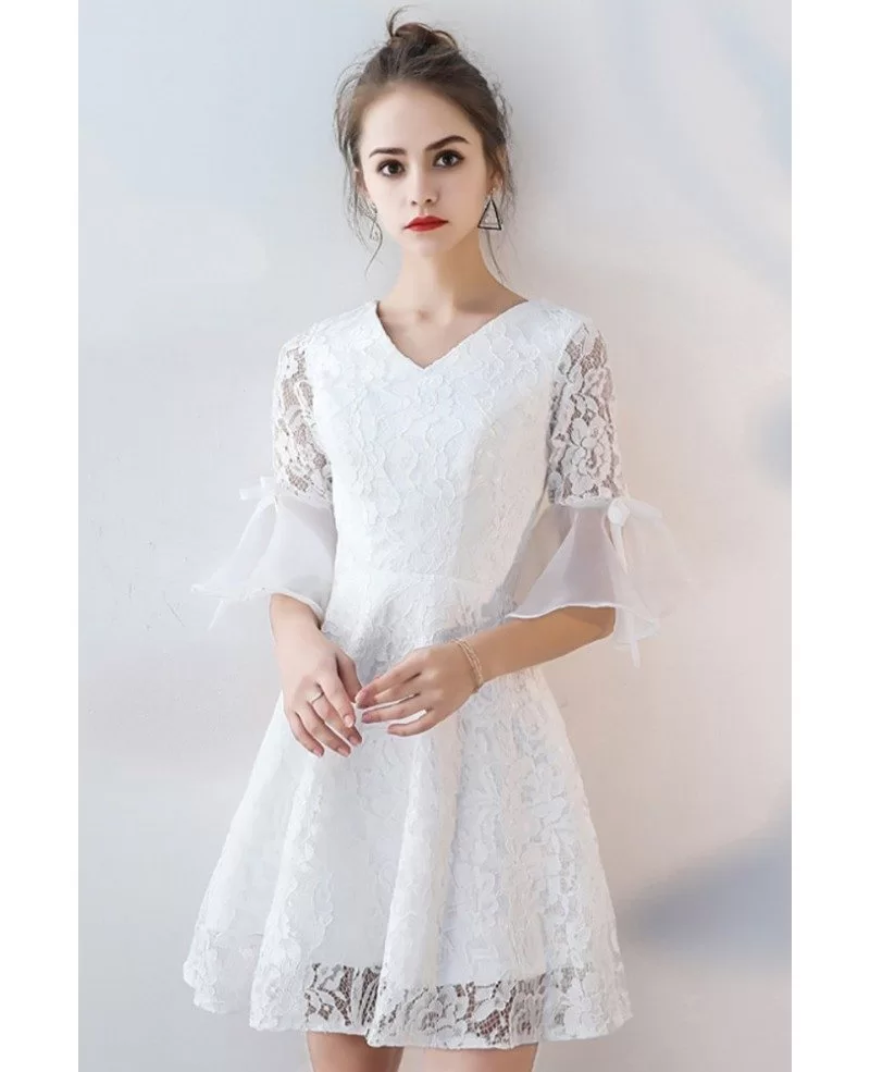 V-neck White Lace Short Party Dress Aline with Sleeves #BLS86056 ...