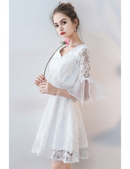 V-neck White Lace Short Party Dress Aline with Sleeves