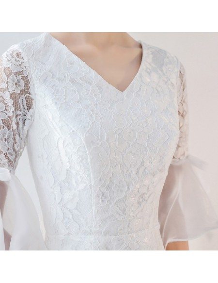 V-neck White Lace Short Party Dress Aline with Sleeves