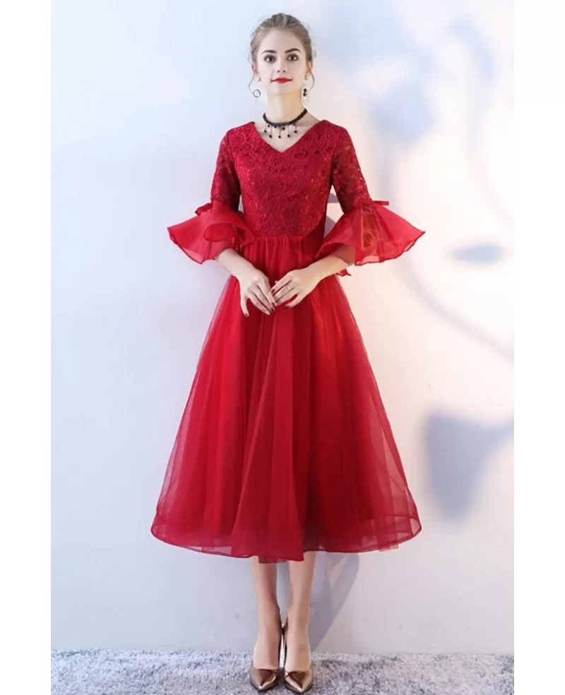 Tea Length Burgundy Red Formal Party Dress Bell Sleeves #BLS86104 ...