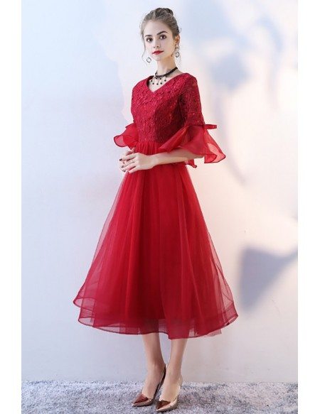 Tea Length Burgundy Red Formal Party Dress Bell Sleeves
