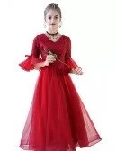 Tea Length Burgundy Red Formal Party Dress Bell Sleeves