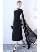 Formal Black Tea Length Party Dress with One Cape Sleeve
