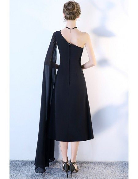 Formal Black Tea Length Party Dress with One Cape Sleeve