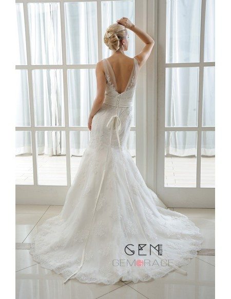 Mermaid V-neck Court Train Tulle Wedding Dress With Beading Appliques Lace Flowers