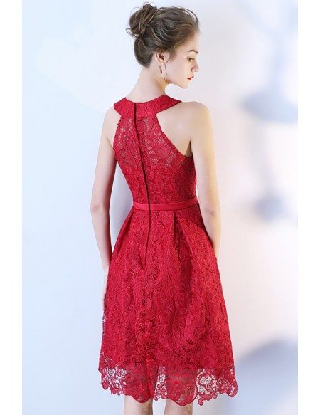 Burgundy Red Lace Aline Homecoming Dress Short Halter