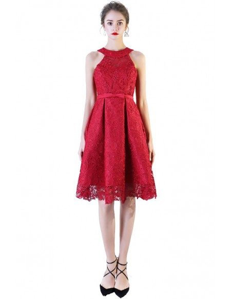 Burgundy Red Lace Aline Homecoming Dress Short Halter