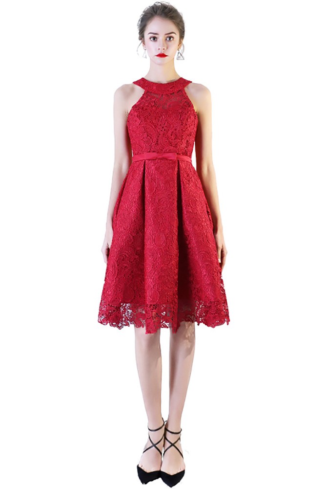 Amy Lace Halter Dress-Burgundy