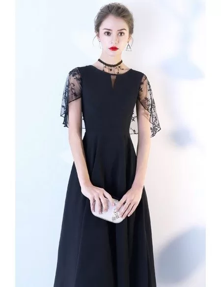 Chic Black Tea Length Party Dress with Cap Sleeves