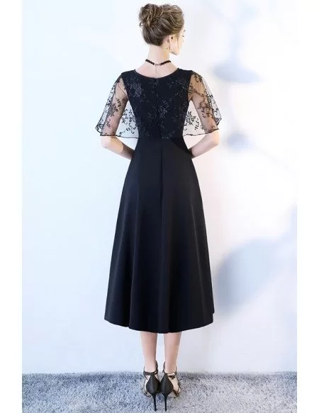 Chic Black Tea Length Party Dress with Cap Sleeves