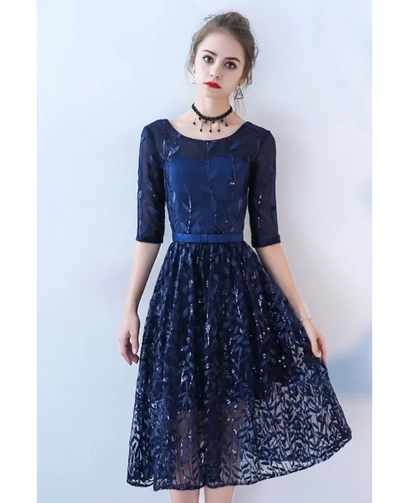 Navy Blue Sequined Tea Length Party Dress with Half Sleeves #BLS86069 ...