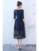 Navy Blue Sequined Tea Length Party Dress with Half Sleeves