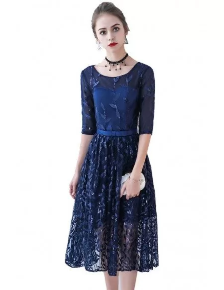 Navy Blue Sequined Tea Length Party Dress with Half Sleeves