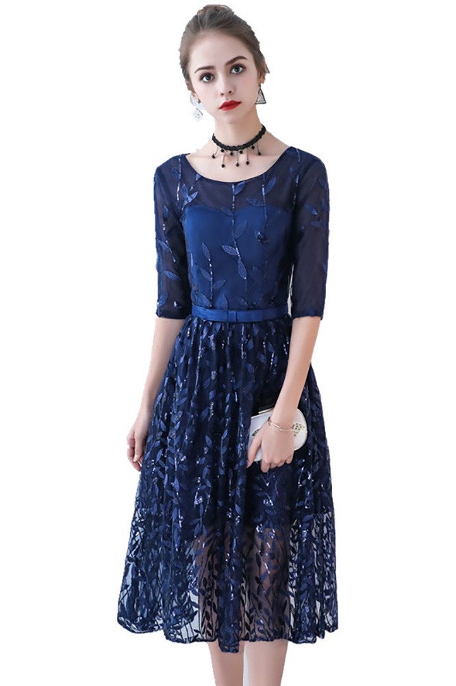 Navy Blue Sequined Tea Length Party Dress with Half Sleeves #BLS86069 ...